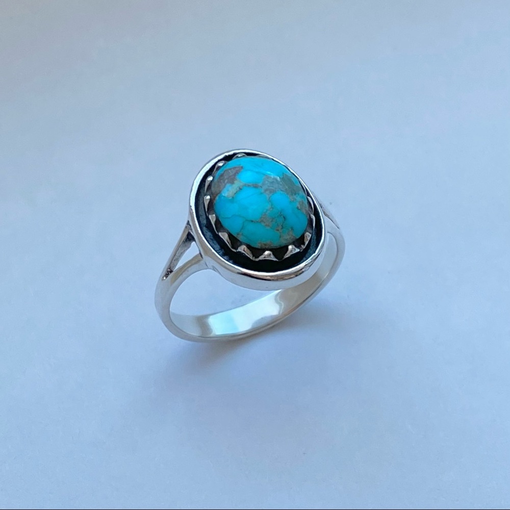 Sterling Silver Round Genuine Turquoise Ring, Stone Ring, Silver Ring, Boho Ring - Picture 3 of 13